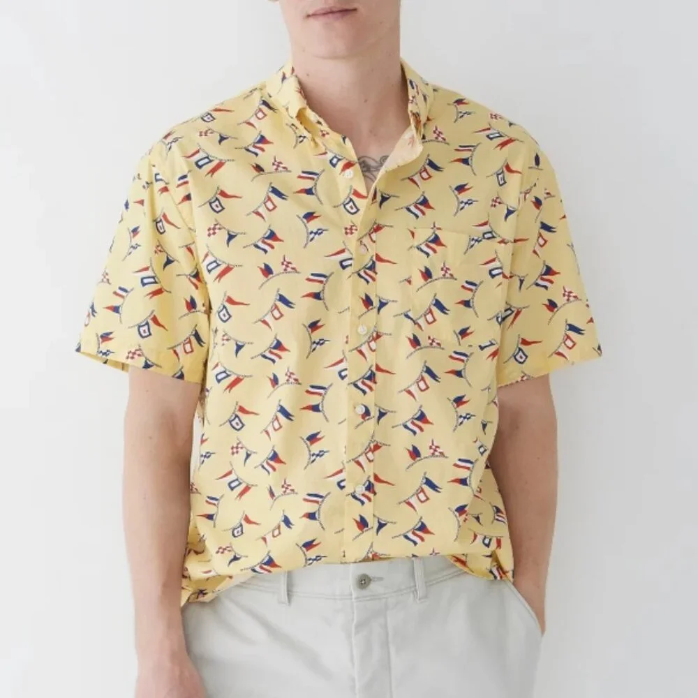 J. Crew Secret Wash Men's Yellow Nautical Flag Classic Fit Short Sleeve Shirt Me